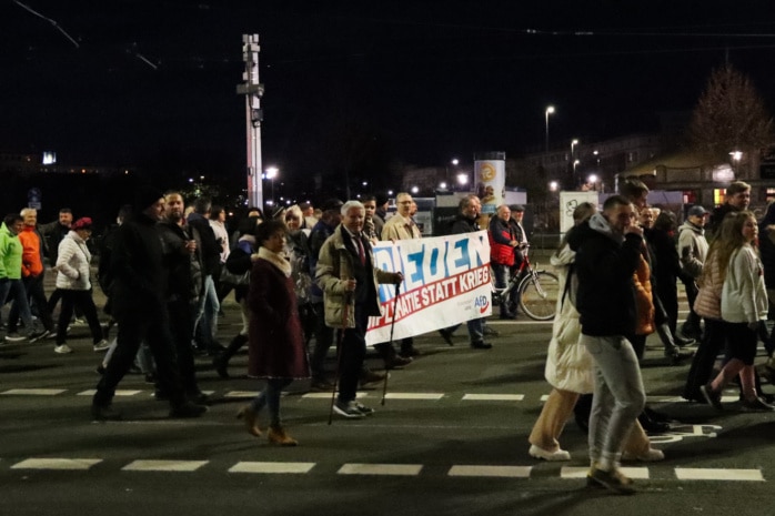 Mehrere Personen laufen mit einem AfD-Banner auf einer Demonstration.