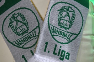 Das Vereinswappen des SC DHfK Handball mit dem Schriftzug "1. Liga" in grün auf weißem Hintergrund, auf einem Fan-Schal. Foto: Jan Kaefer