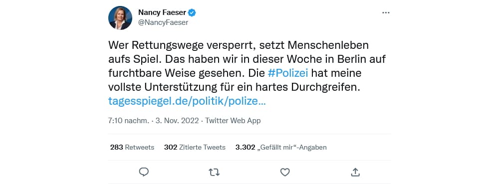 Nancy Faeser auf Twitter. Screenshot: Privat