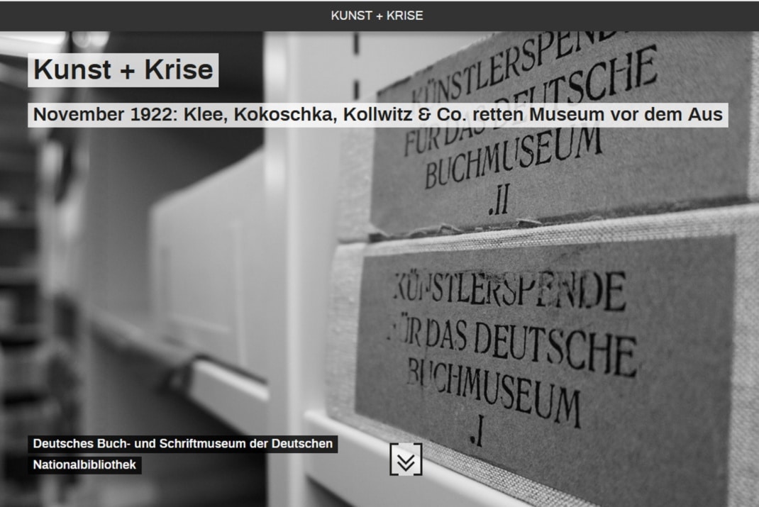 Einstiegsseite in die virtuelle Ausstellung "Kunst + Krise". Screenshot: LZ