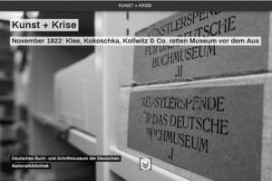 Einstiegsseite in die virtuelle Ausstellung "Kunst + Krise". Screenshot: LZ