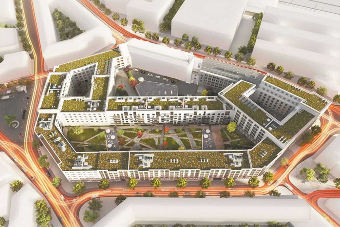 Draufsicht auf das künftige Krystallpalast-Areal. Visualisierung: QUARTERBACK Immobilien AG