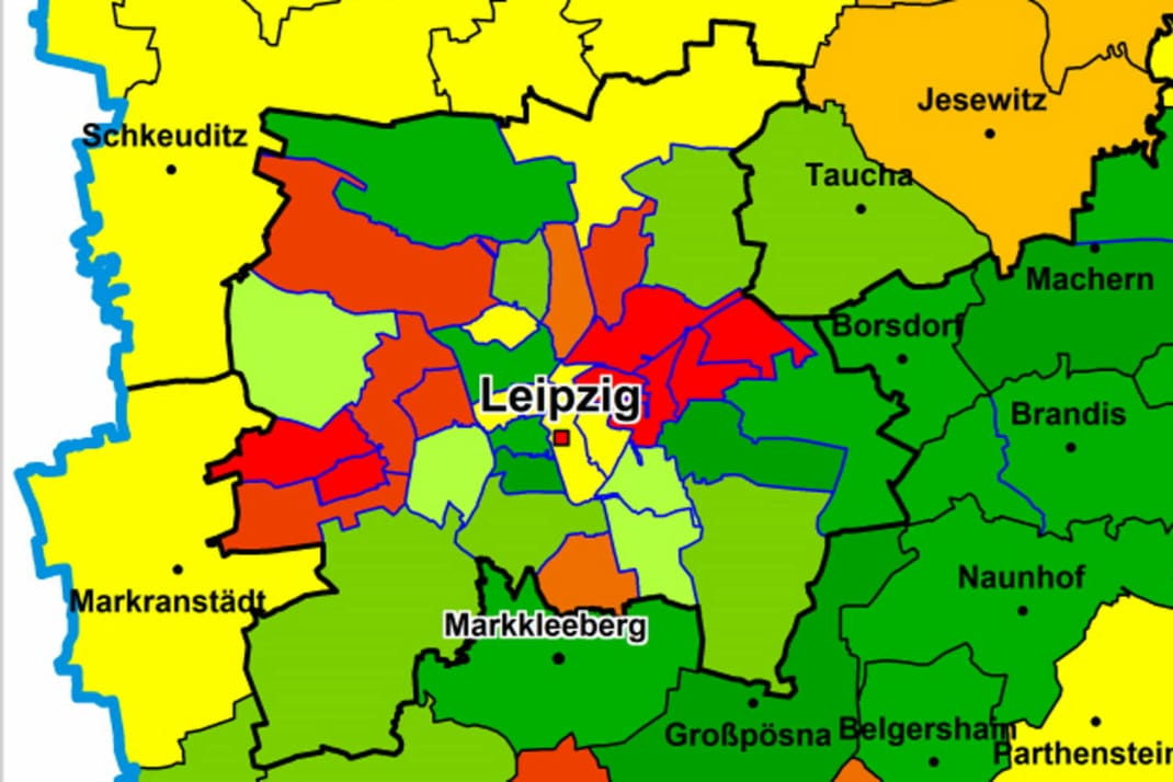 Leipziger Stadtteile, nach Überschuldung aufgeschlüsselt.