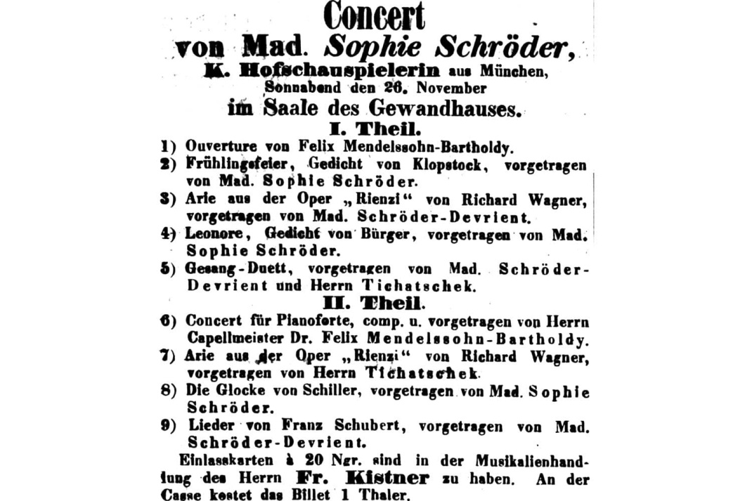 Konzertankündigung mit dem Auftritt von Sophie Schröder am 26. November 1842. Quelle: LT 330/1842 v. 26.11.1842, S. 2983