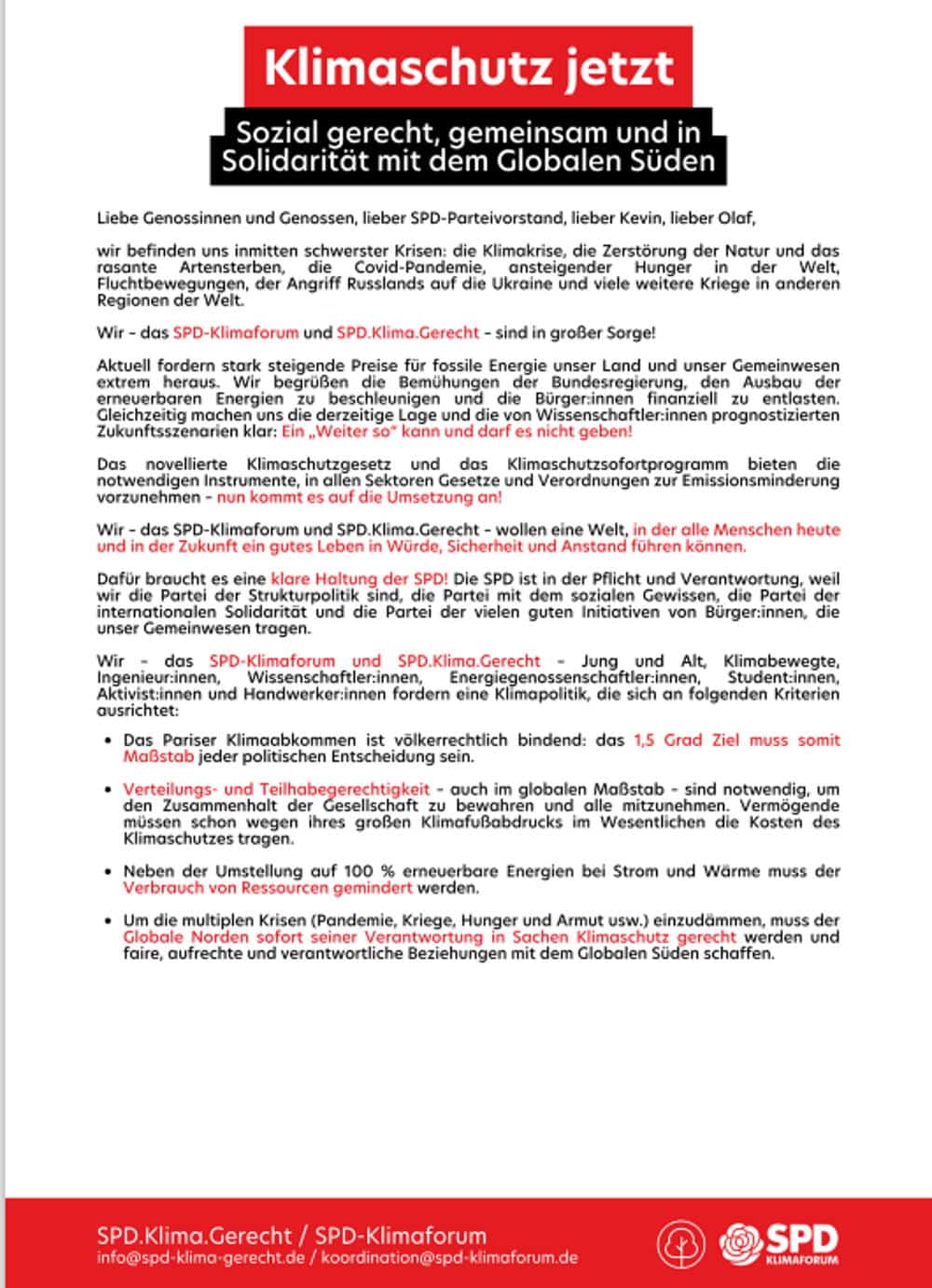 Der Offene Brief an Olaf Scholz, Seite 1.  Quelle: SPD.Klima.Gerecht 