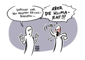 Karikatur Reichsbürger vs. „Klima-RAF“