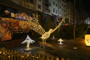 Ein aus Lichterketten geformter Fasan steht zwischen grünen Tannenbäumen auf dem Leipziger Weihnachtsmarkt.