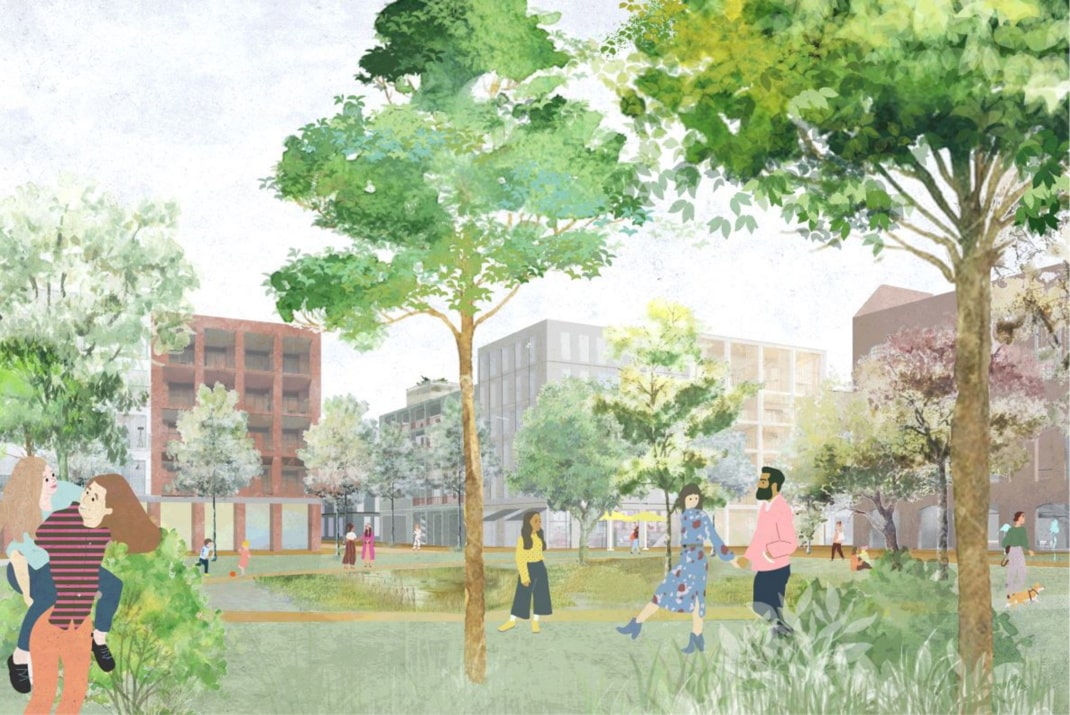 Siegerentwurf für das neue Stadtquartier Glesiener Straße. Visualisierung: Hähnig I Gemmecke Architekten BDA PartGmbB