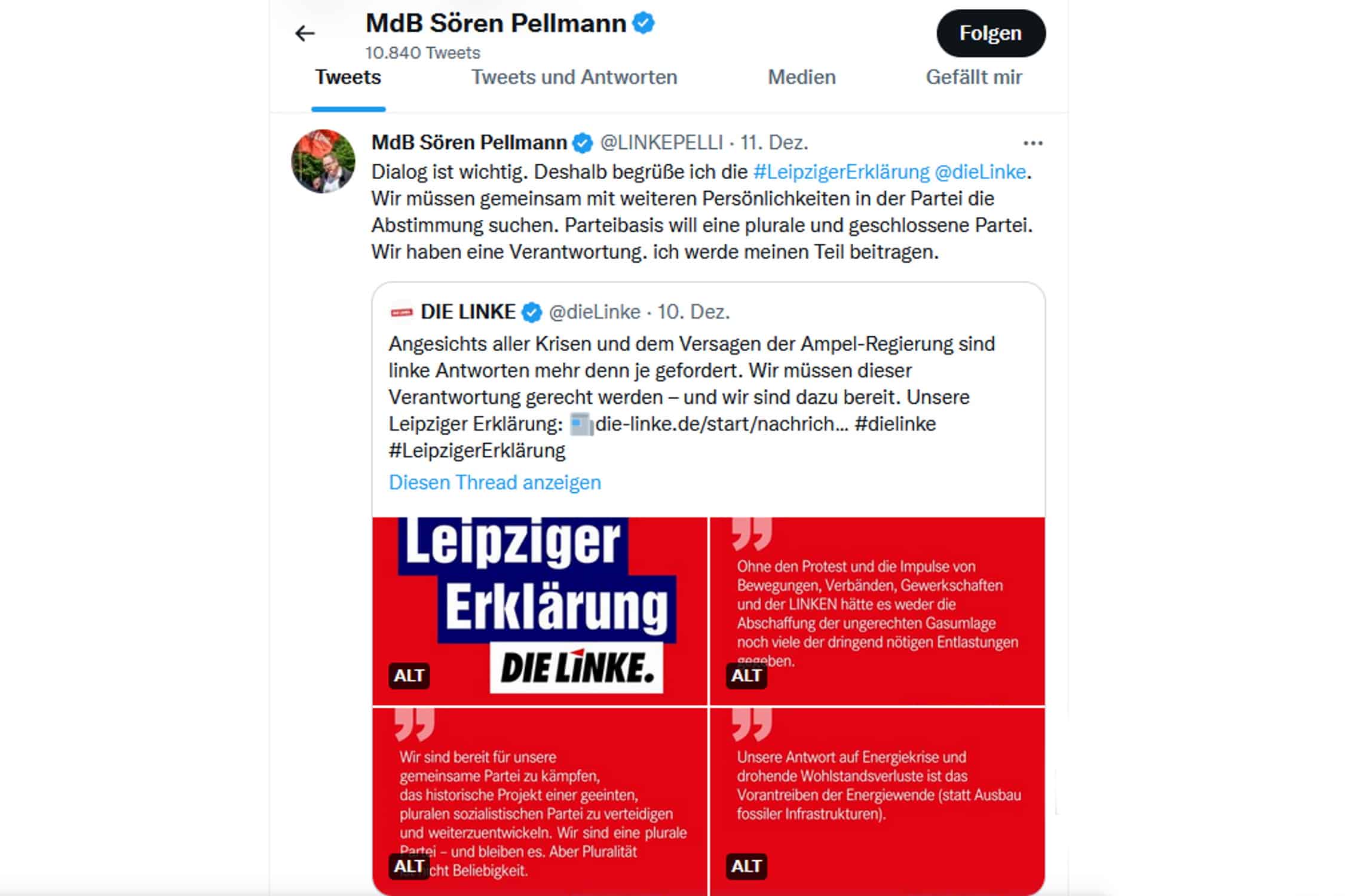 Sören Pellmann begrüßt die „Leipziger Erklärung“ auf Twitter. Screenshot: LZ