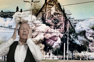Bildmontage von der Sprenung der Kirche mit einem schreienden Armin Zarbock im Vordergrund, der sich mit beiden Händen an den Kopf fasst