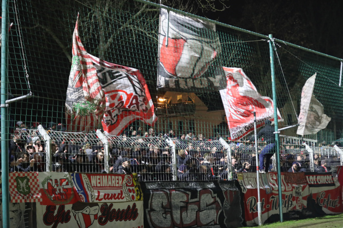 Die Erfurt Fans schwenken ihre Fahnen im Gäste-Fanblock. Foto: Jan Kaefer