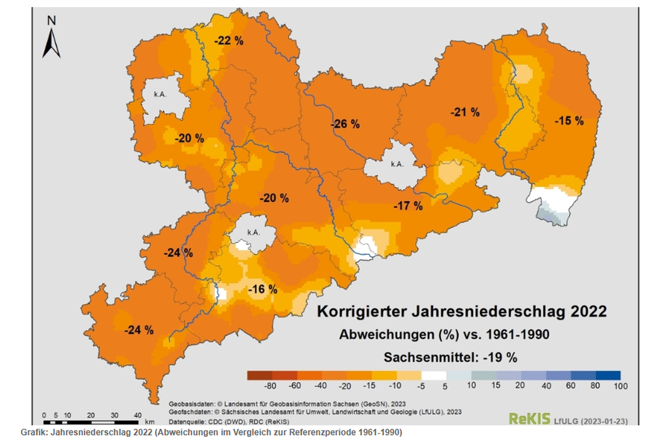 Blick auf die sächsische Niederschlagsbilanz 2022. Grafik: Freistaat Sachsen, LfULG