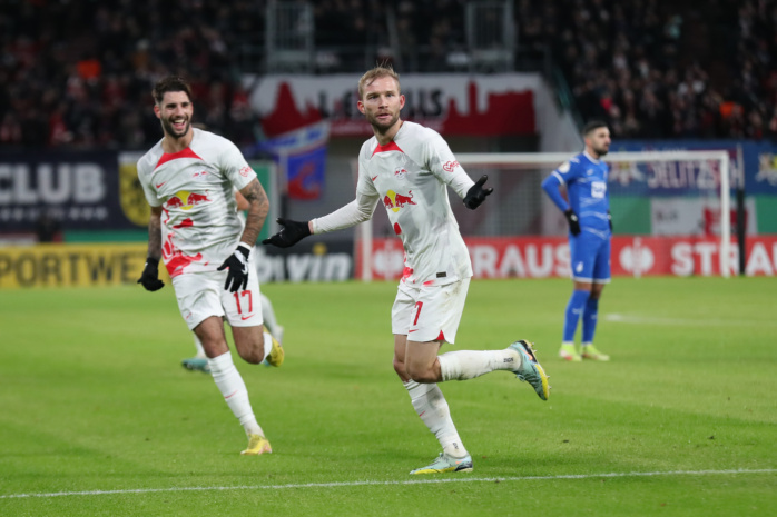 Konrad Laimer (27, RB Leipzig) bejubelt sein Tor. Foto: Jan Kaefer