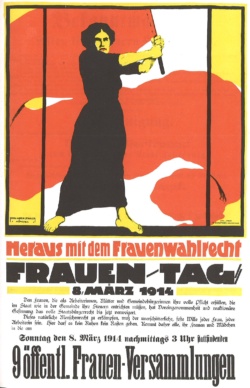 Plakat der Frauenbewegung zum Frauentag 8. März 1914. Es wird das Frauenwahlrecht gefordert.. Quelle: Wikipedia, gemeinfrei