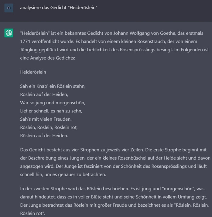 ChatGPT und das Heideröslein, Teil 1. Screenshot
