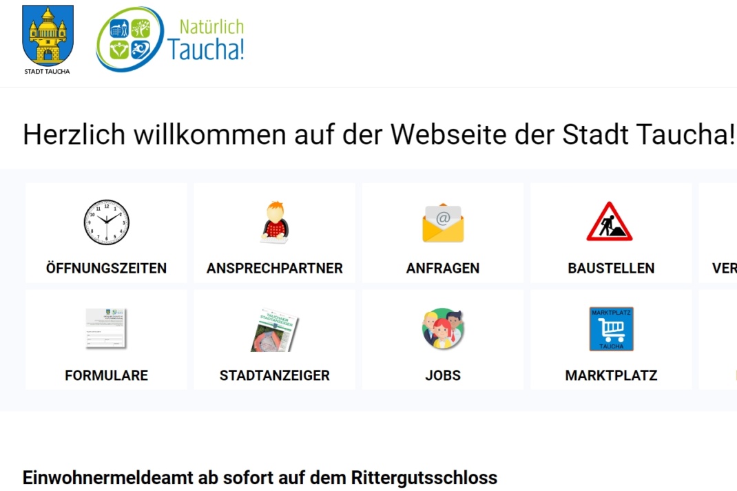Screenshot (Ausschnitt) der Homepage der Stadtverwaltung Taucha.