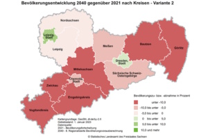 Prognostizierte Bevölkerungsentwicklung in den sächsischen Landkreisen und Kreisfreien Städten. Grafik: Freistaat Sachsen, Statistisches Landesamt