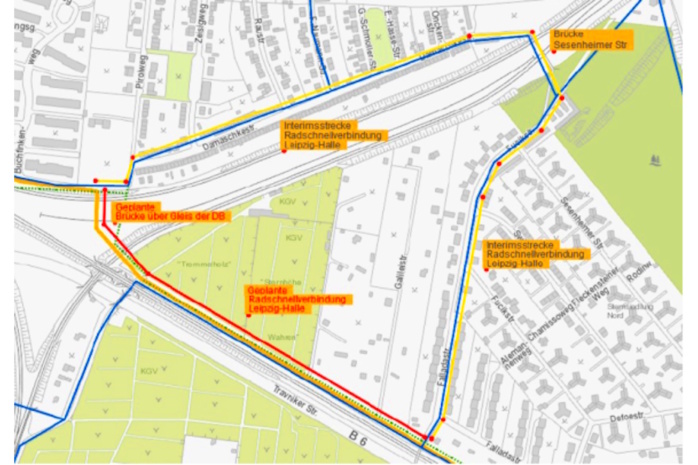 Die geplanten Strecken und Brücken für den Radschnellweg Leipzig-Halle zwischen Möckern und Lindenthal. Grafik: Stadt Leipzig