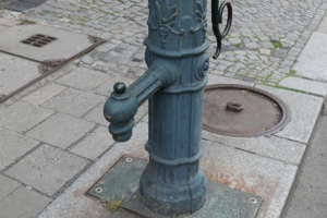 Handschwengelpumpe, restauriert. Typ Delphin. Standort: Katharinenstraße 11, Zentrum. Foto: Jan Kaefer
