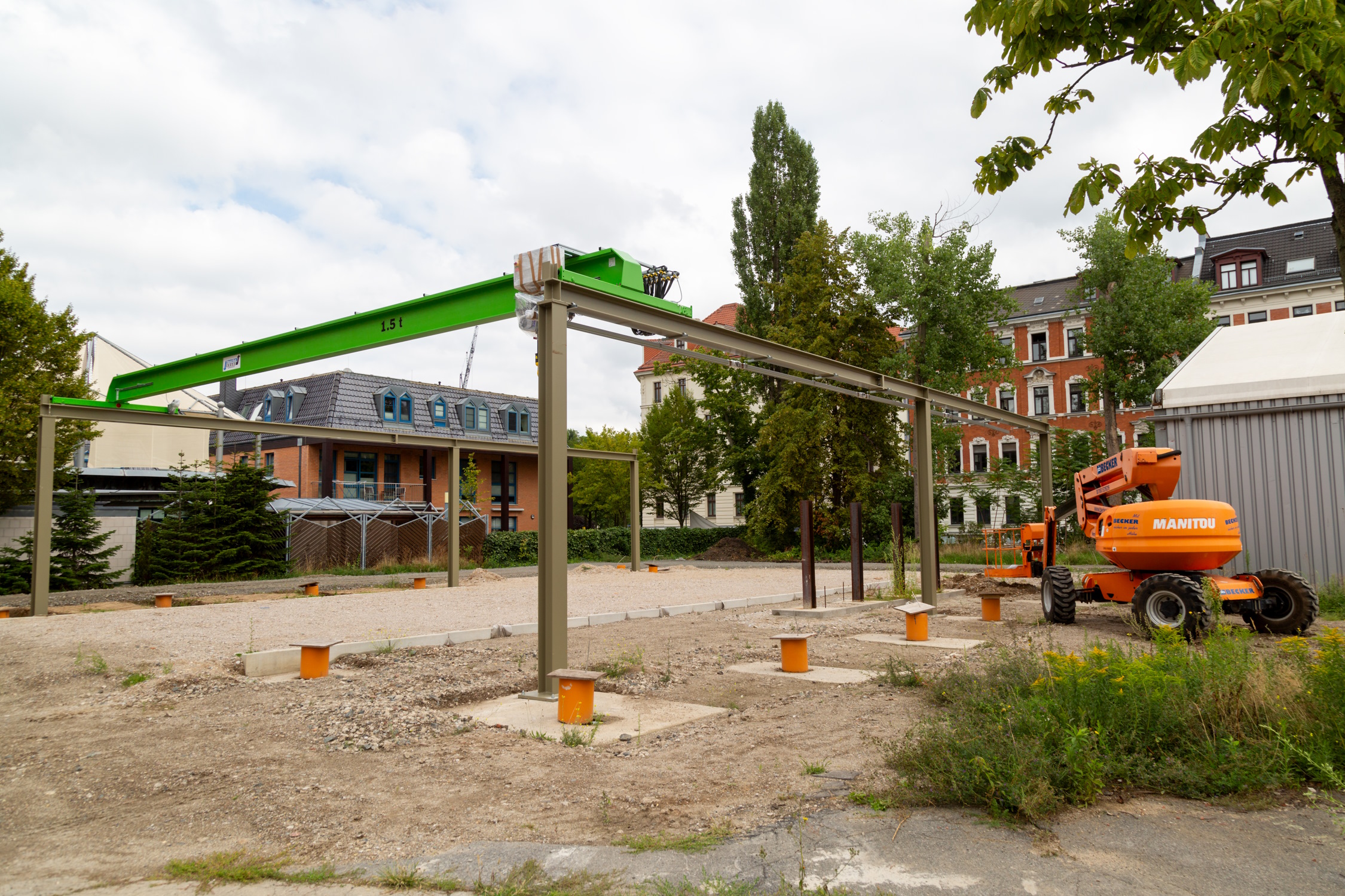 Die Ansicht der Kranbahn des GeoTechnikums während der Bauarbeiten. Foto: Philipp Bamberg/HTWK Leipzig