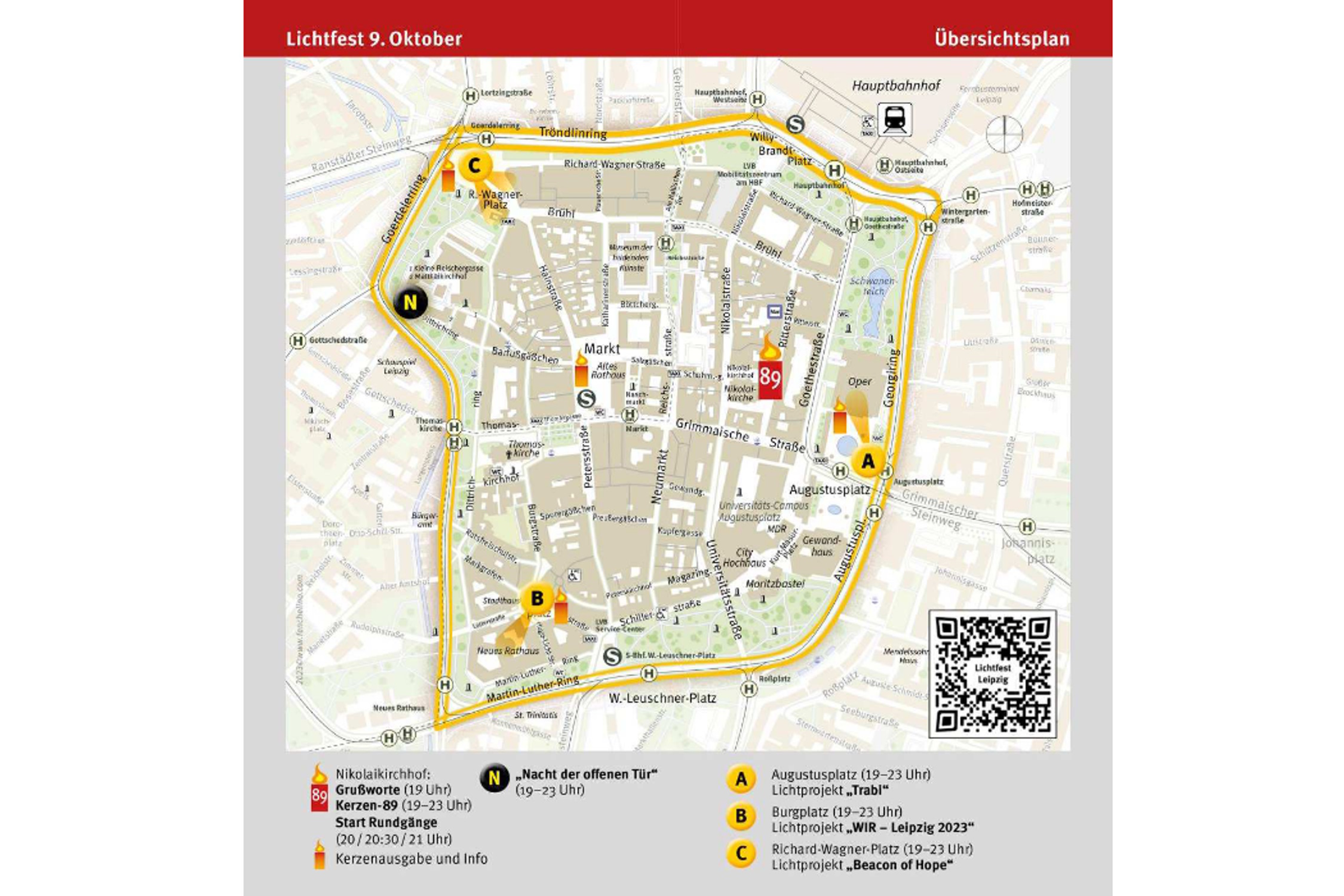 Die Orte des Lichtfestes am 9. Oktober 2023 in der Leipziger Innenstadt. Grafik: LTM