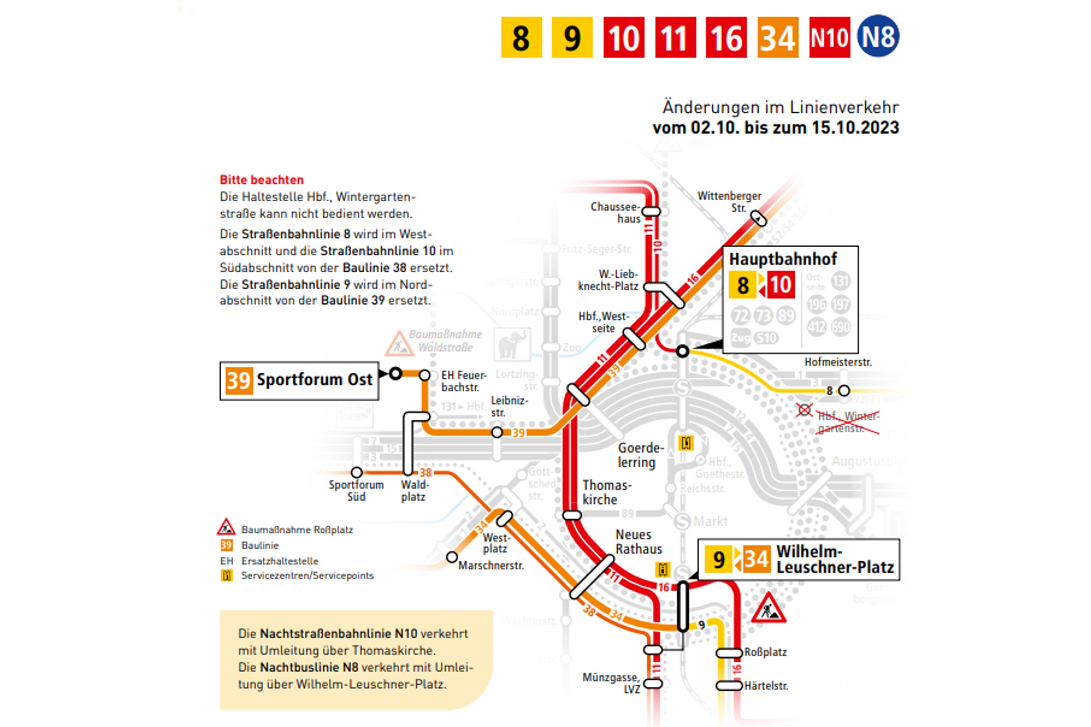 Die Umleitungen für die Straßenbahn aufgrund der Arbeiten am Rossplatz. Grafik: LVB