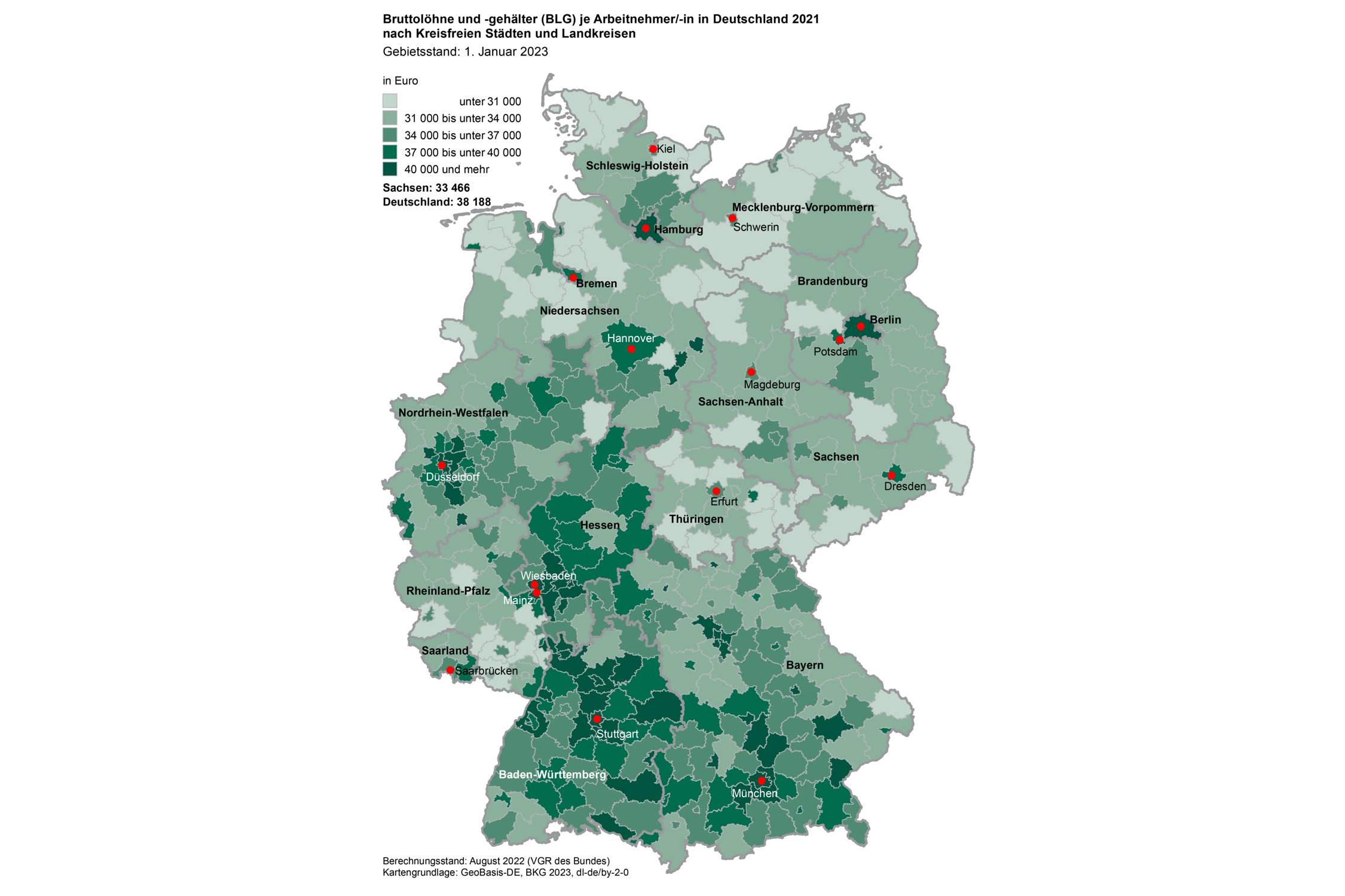 Durchschnittliche Bruttolöhne, aufgeschlüsselt nach Kreisen 2021. Grafik: Freistaat Sachsen, Statistisches Landesamt