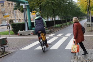 Zebrastreifen, Radfahrer, Fußgängerin-