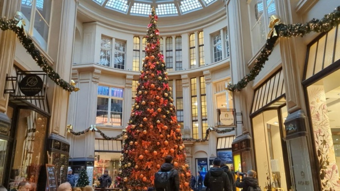 Aktivist*innen der „Letzten Generation“ haben am 13. Dezember 2023 den Weihnachtsbaum in der Mädlerpassage in Leipzig mit Farbe besprüht. Foto: Yaro Allisat