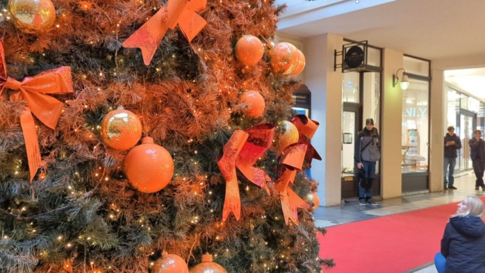 Aktivist*innen der „Letzten Generation“ haben am 13. Dezember 2023 den Weihnachtsbaum in der Mädlerpassage in Leipzig mit Farbe besprüht. Foto: Yaro Allisat