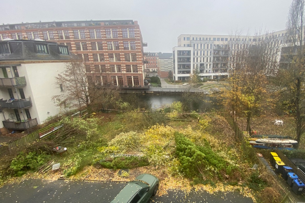 Gefällte Bäume am Ufer und Gebäude drumherum, Luftaufnahme.