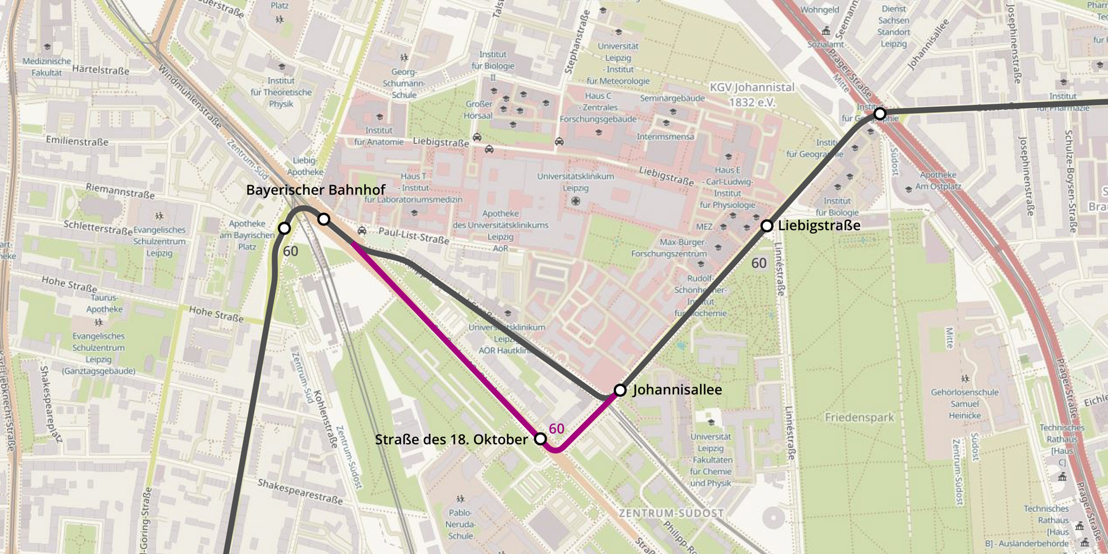 Alternative Führung der Buslinie 60 durch die Straße des 18. Oktober. Grafik: Bürgerinitiative ÖPNV.LEIPZIG