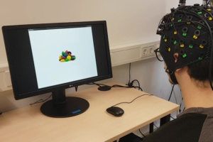 Aufbau des fNIRS-Neurofeedback: Auf dem Monitor sehen die Teilnehmenden Bilder von Nahrungsmitteln, die während eigener Essanfälle gegessen wurden. Ziel ist es, die Nahrungsbilder zu verkleinern, indem die Hirnaktivität in individuell bestimmten Hirnarealen des präfrontalen Kortex erhöht wird, um die kognitive Kontrolle in Bezug auf die dargestellten Nahrungsmittel zu erhöhen und somit Essanfälle zu reduzieren. Foto: Copyright: Ricarda Schmidt