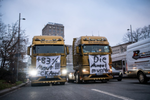 LKW auf der Straße von vorn.