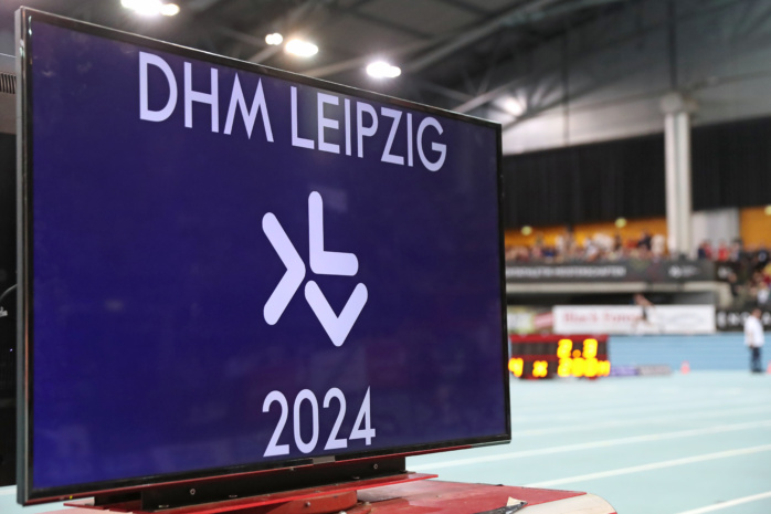 Schriftzug DHM LEIPZIG 2024 auf der Anzeigetafel in der Arena Leipzig. Foto: Jan Kaefer
