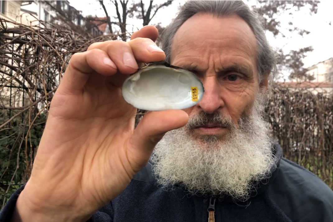 Älterer bärtiger Mann hält Muschel in die Kamera