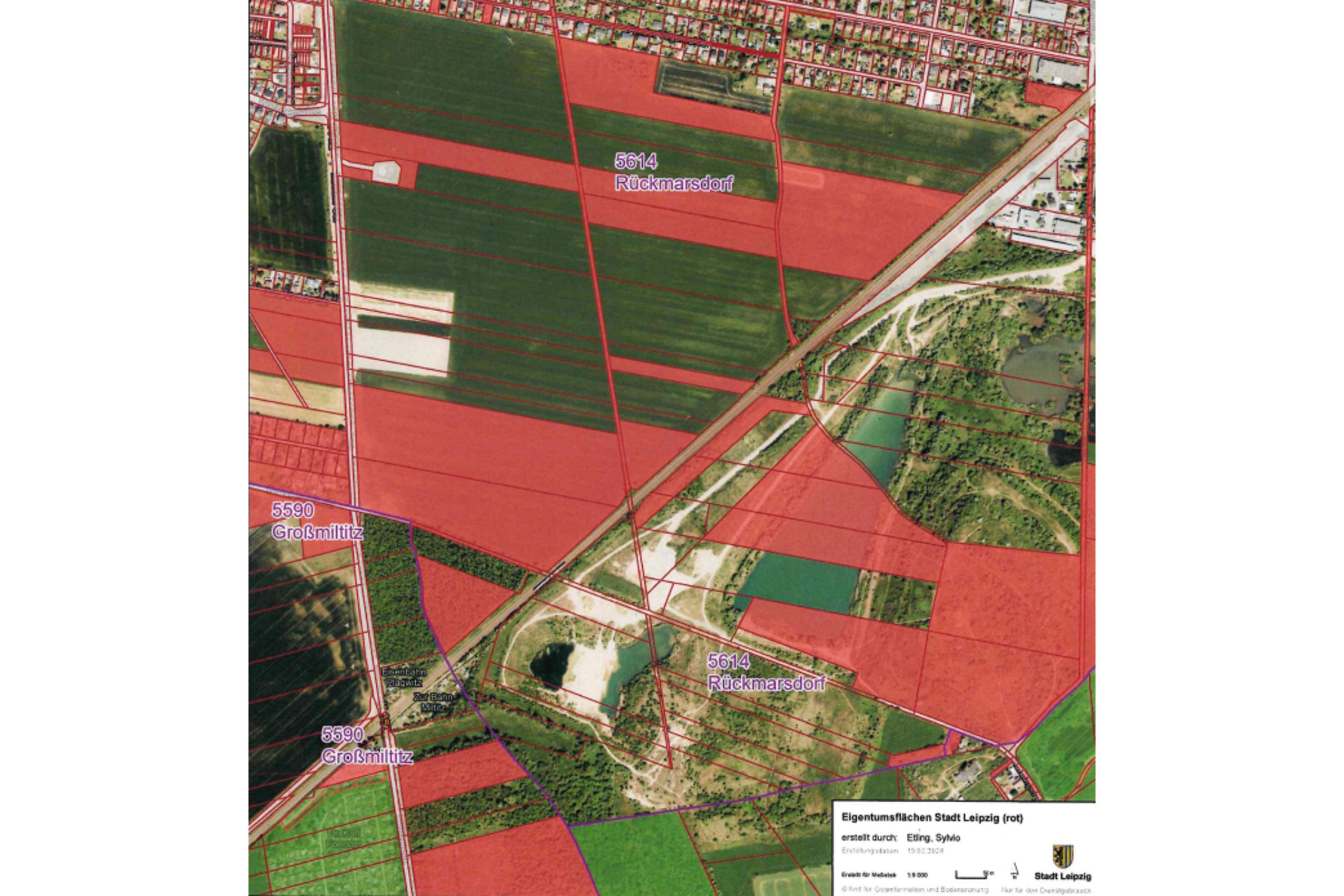 Karte mit den Flächen der Stadt Leipzig sowohl bei Rückmarsdorf als auch im Kiesabbaugebiet südlich der Bahnlinie. Karte: Stadt Leipzig