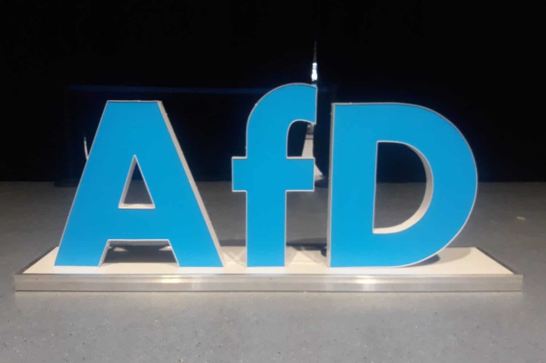 Schriftzug AfD in blauen Buchstaben.