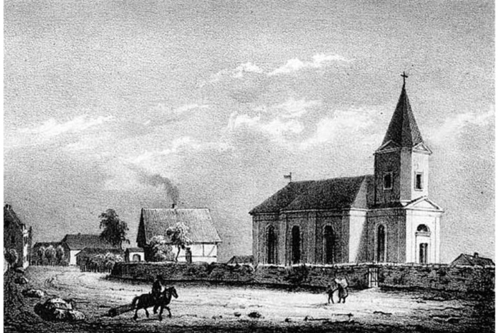 Historische Abbildung einer Kirche.