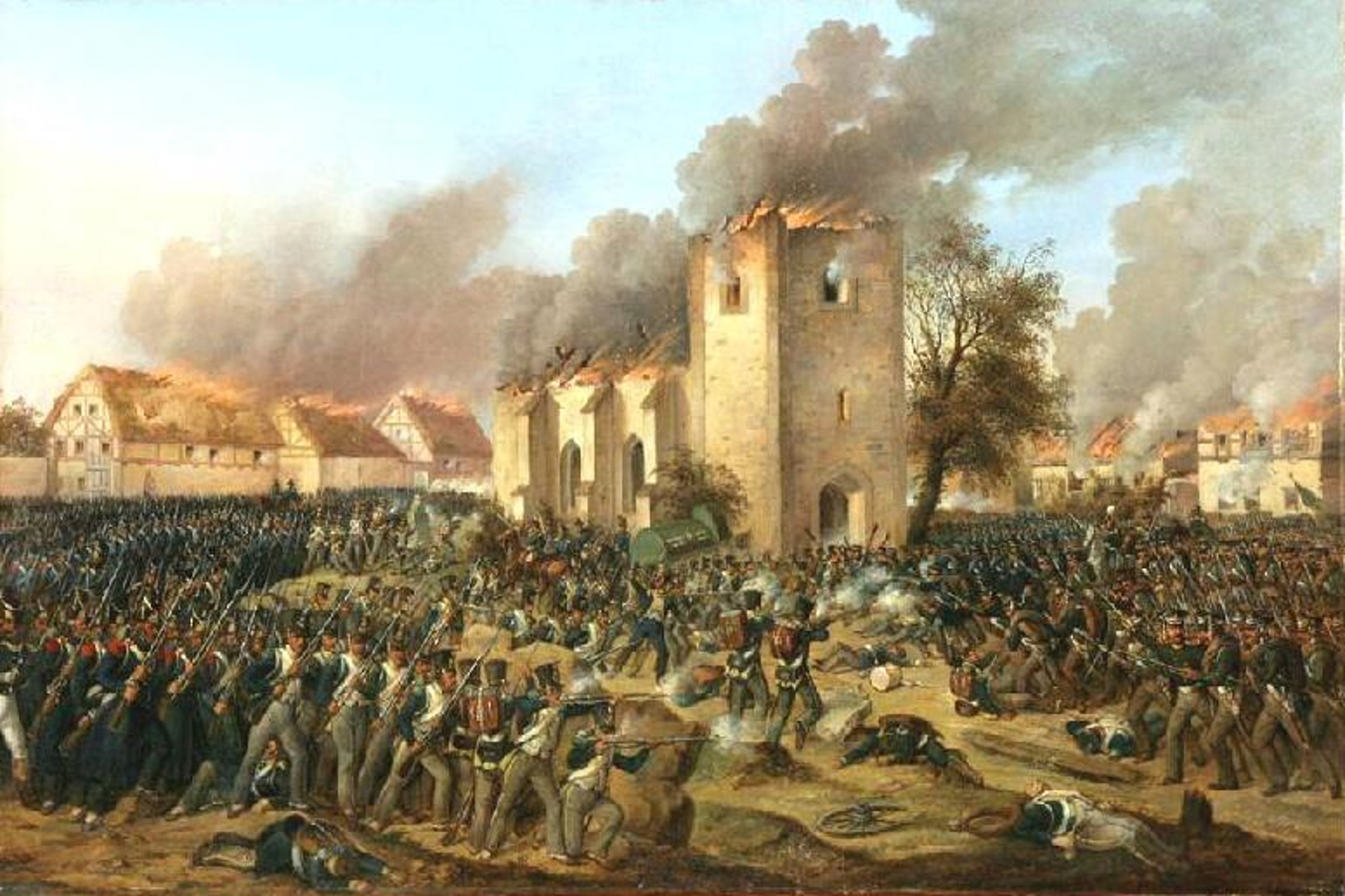 Die „Erstuermung von Probstheida (16.–18. Oktober 1813)“, Gemälde von Ernst Wilhelm Straßberger (1796–1866) – in der Bildmitte die brennende Kirche Probstheida (Gemeinfrei, CC0, https://commons.wikimedia.org/wiki/File:Erstuermung_von_Probstheida_(cropped).jpg)