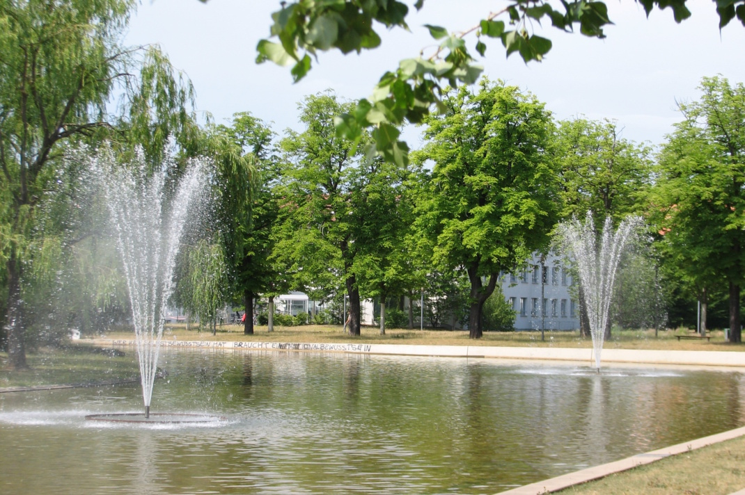 Wasserbecken mit Fontänen, umgeben von Bäumen.