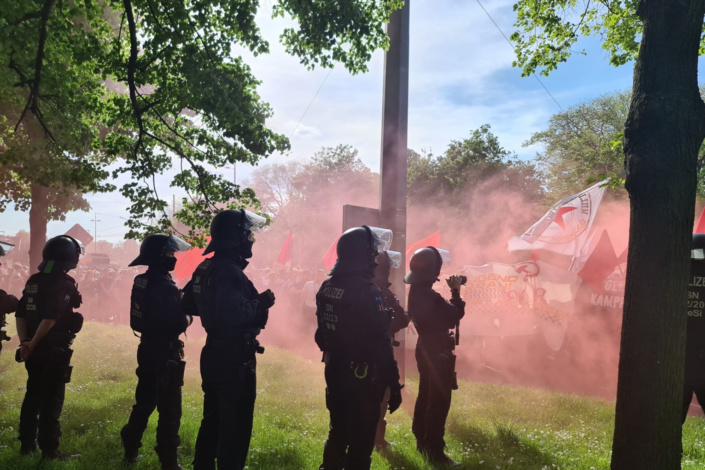 Roter Rauch auf Demo, Polizisten stehen daneben.