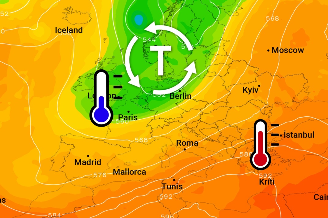 Die Wetterlage ist eingefahren: Ein Tief führt immer wieder kalte Luft nach Deutschland. Heißes Sommerwetter ist derzeit nur in Südosteuropa zu finden. Quelle: WetterOnline