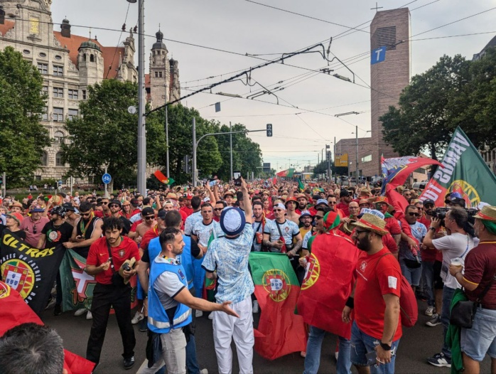 Portugiesischer Fanmarsch am 18. Juni 2024 in Leipzig. Foto: René Loch