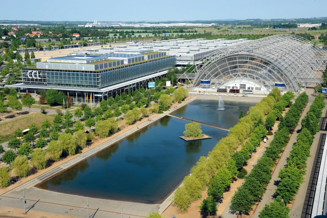 Das Messegelände im Leipziger Norden, Vogelperspektive.