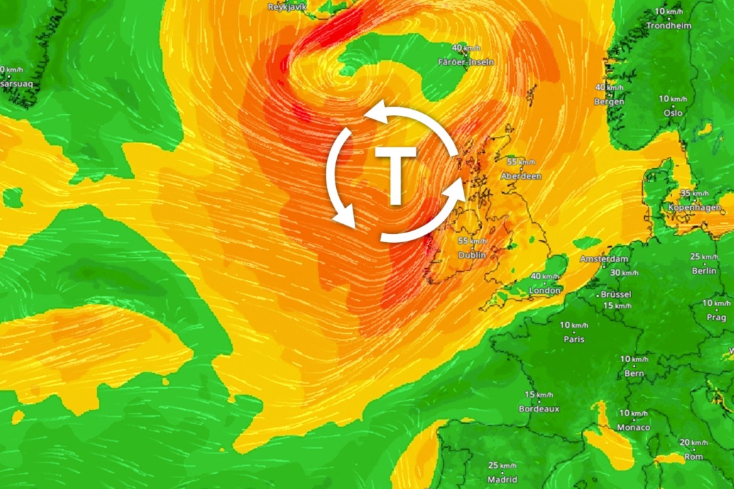 Der ehemalige Hurrikan ERNESTO erreicht als Sturmtief am Mittwochabend die Westküste Irlands. Quelle: WindRadar WetterOnline