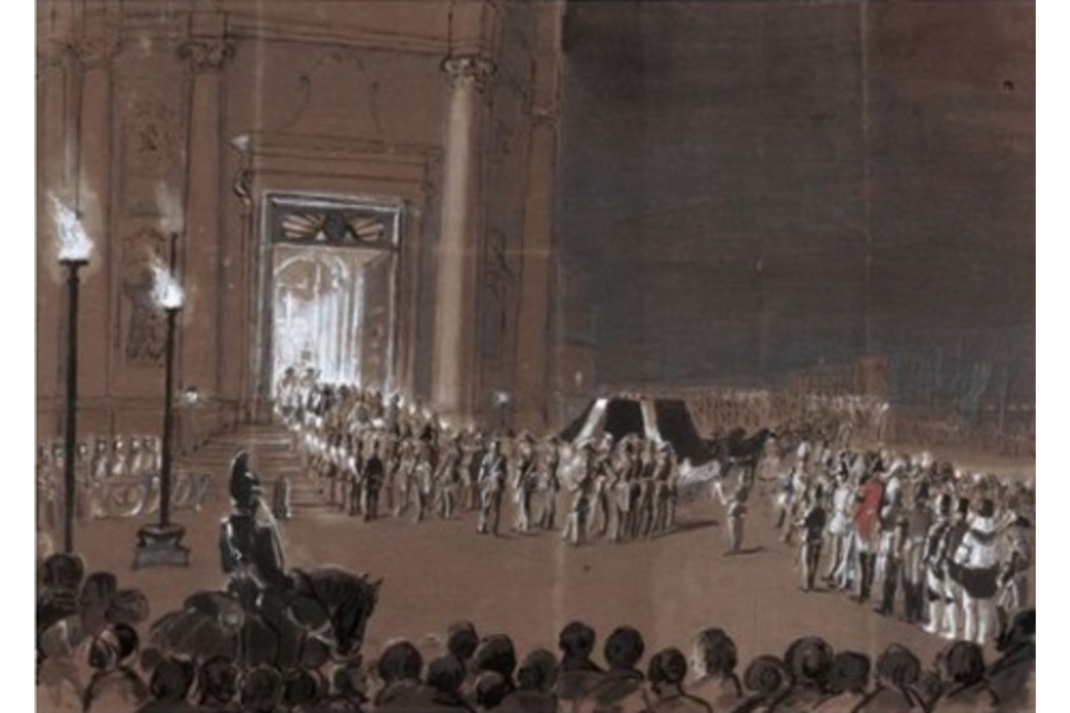 Trauerzug anlässlich der Beerdigung von König Friedrich August II. am 16. August 1854, 9 Uhr abends, vor der Hofkirche in Dresden. Foto: gemeinfrei, Copyright: Martin Schmiedeberg