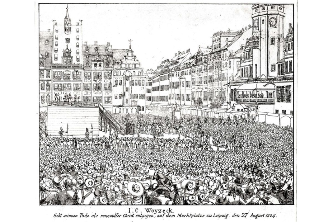 Grafik von Woyzecks Hinrichtung auf dem Marktplatz in Leipzig. (Federlithografie von Christian Gottfried Heinrich Geißler (1770–1844) - Stadtgeschichtliches Museum Leipzig – gemeinfrei