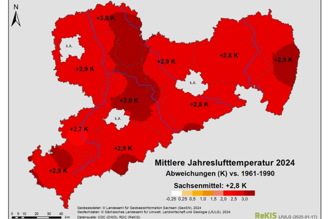 Mittlere Jahreslufttemperatur 2024 (Abweichungen im Vergleich zur Referenzperiode 1961–1990), Grafik.