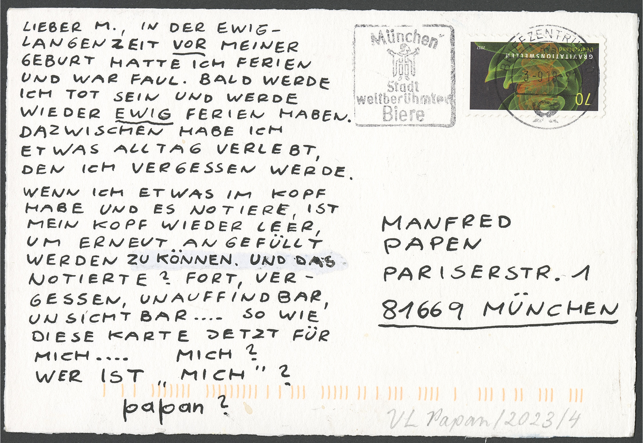 Rückseite einer Postkarte von und an papan (Manfred von Papen). Grafik: Manfred von Papen